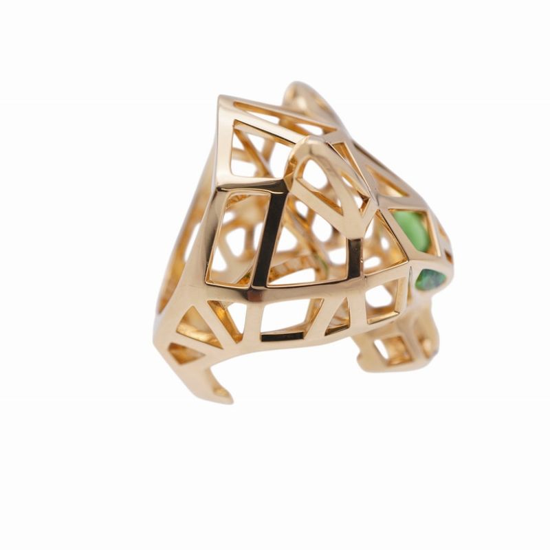 Cartier 18K Yellow Gold/onyx/tsavorite Panther De Ring N4722500 #52 Ring 750