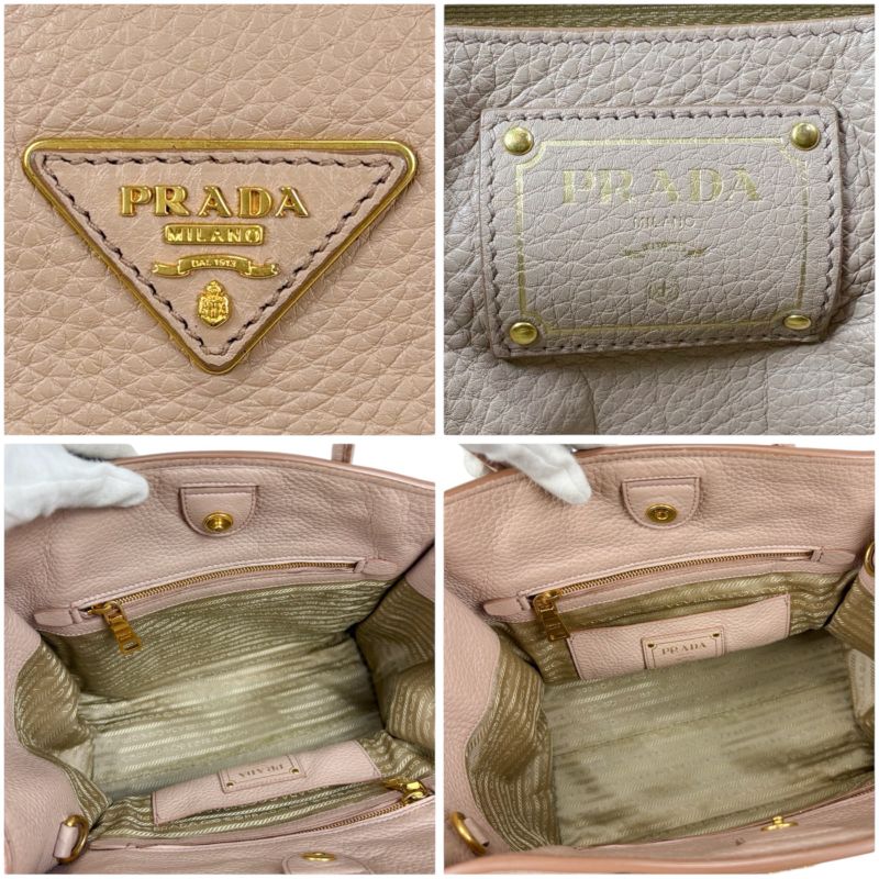 Prada 2WAY Tote Shoulder Bag Vittero Dino Leather Triangle Logo Pink Beige