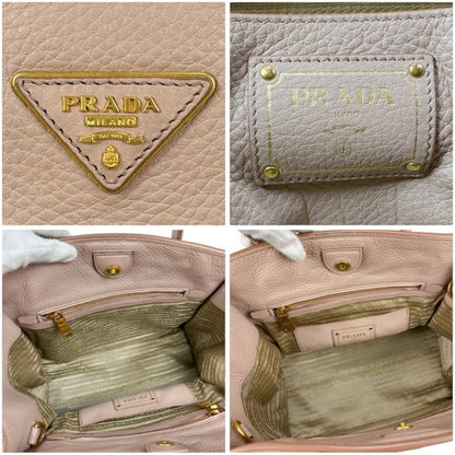 Prada 2WAY Tote Shoulder Bag Vittero Dino Leather Triangle Logo Pink Beige