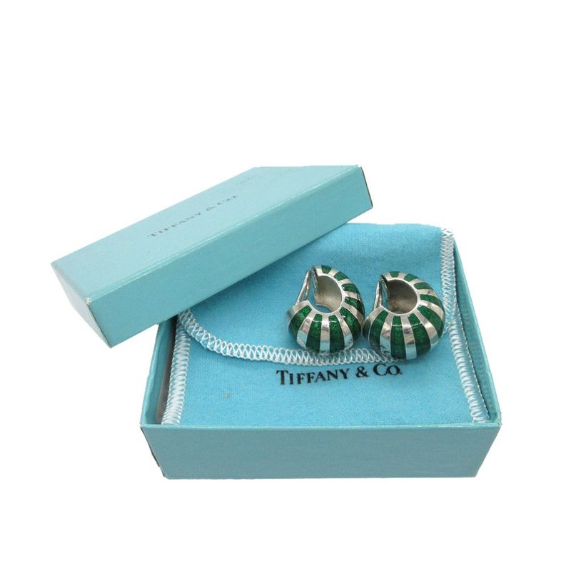 Tiffany & Co Hoop Stripe Earrings 925 Silver Green 0999 Green Tiffany & Co