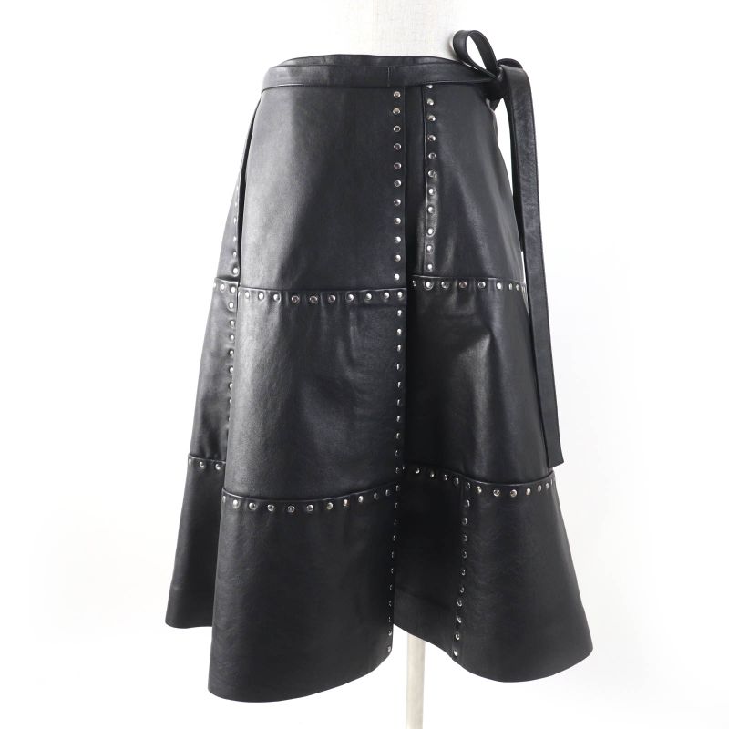 Balenciaga 457902 Studded Long Length Leather Wrap Skirt Rolled Skirt Black 38