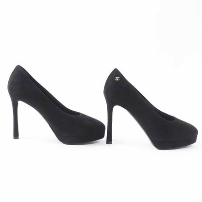 CHANEL 23K G45288 Pin Heel Suede Leather Pumps With Rhinestone Coco Mark Black
