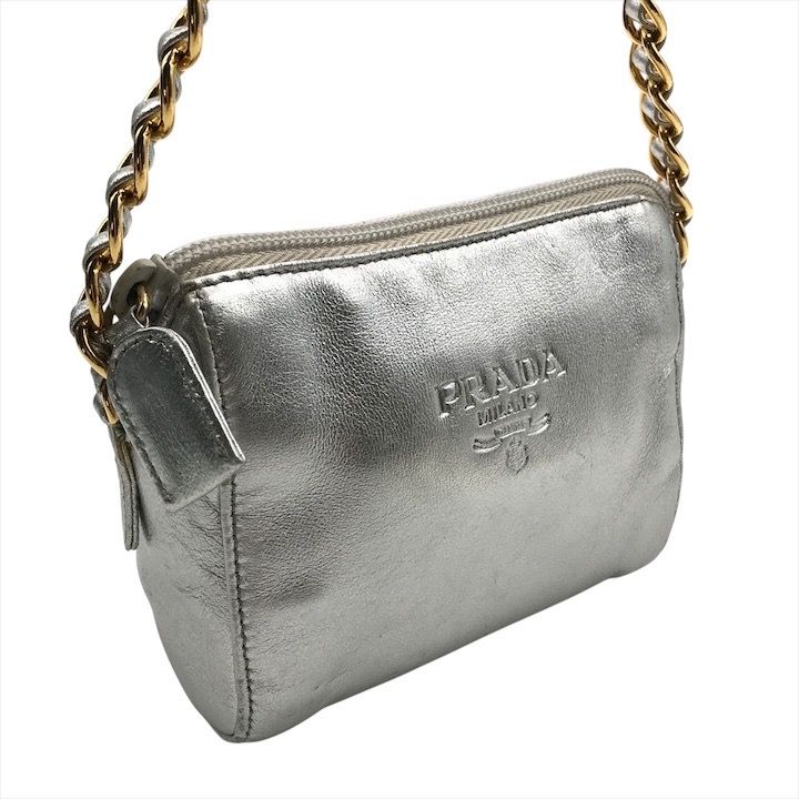 Prada Leather Mini Chain Shoulder Bag Silver Gold