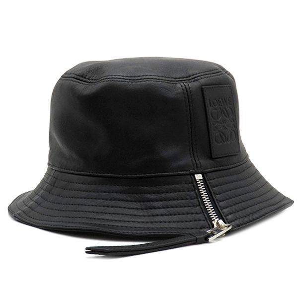 Loewe Hat Fisherman Hat Lambskin Leather Black #57 Silver Hardware Black Hat