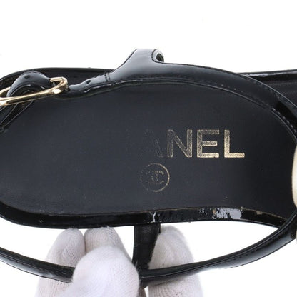 Chanel Coco Mark Camellia Patent Leather Sandals Women's 35C Black And Ivory