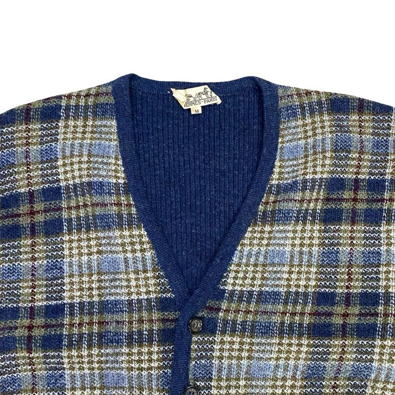 Hermes Check Pattern Wool Knit Cardigan M Size Men's Navy Multicolor 71131