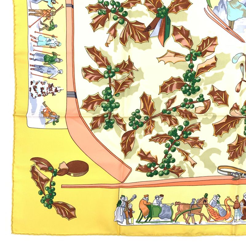 Hermes Carre 90 Neige D'antan Last Year's Snow Yellow Christmas Silk Scarf