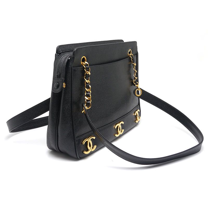 Chanel Chain Shoulder Bag Caviar Skin Shoulder Strap Coco Mark Black
