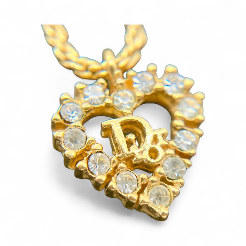 Christian DIOR Necklace Heart Rhinestone Gold Plated Gold