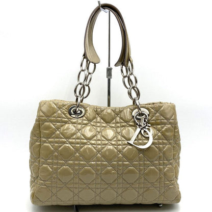 DIOR Tote Shoulder Bag Beige Patent Leather Canage Stitching Women Fashion
