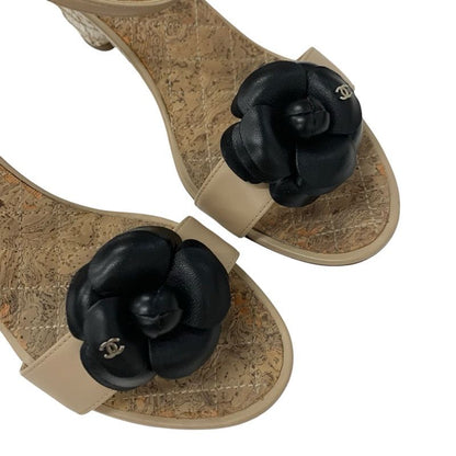 Chanel Sandals Shoes Leather Beige Black Coco Mark Camellia Matelasse Strap