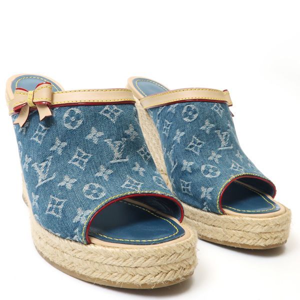Louis Vuitton Monogram Denim Wedge Sole Sandals 36 Espadrilles Louis Vuitton