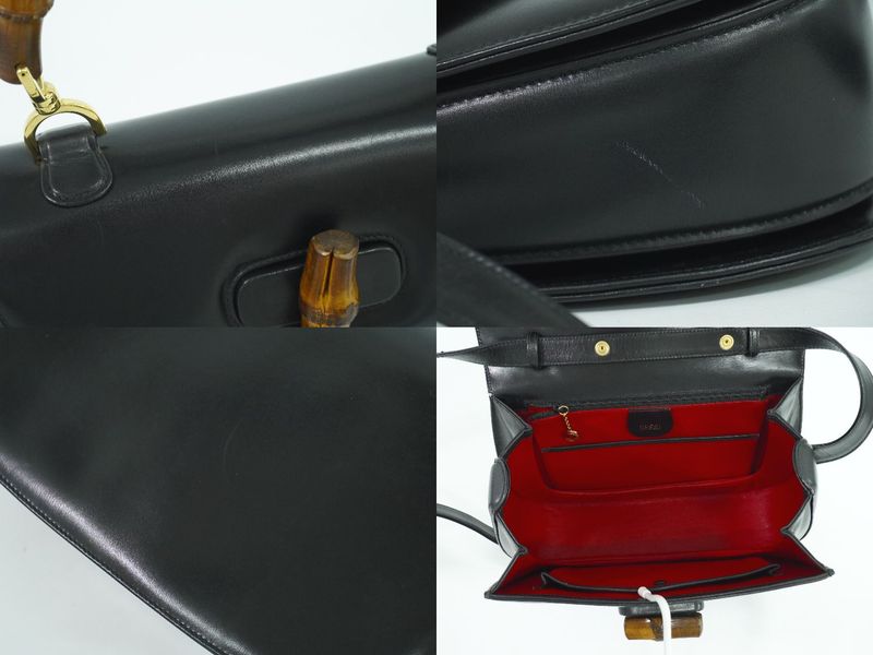 Authentic Gucci Bamboo 2WAY Shoulder Bag Handbag Pochette Leather Black Bamboo