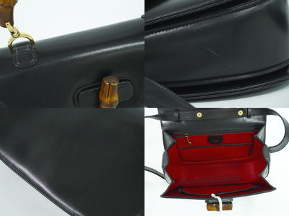 Authentic Gucci Bamboo 2WAY Shoulder Bag Handbag Pochette Leather Black Bamboo