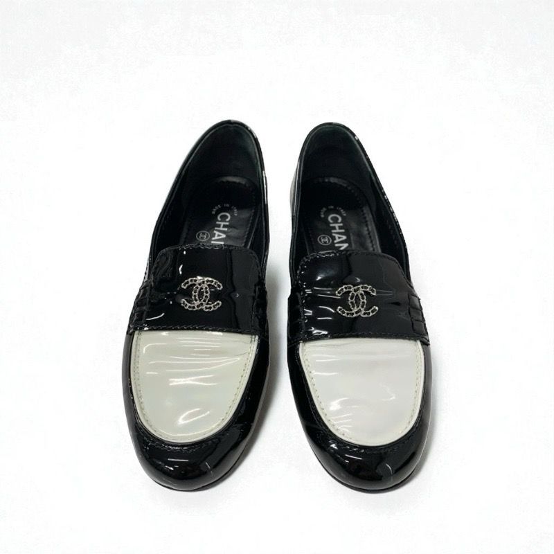 Chanel Loafers Leather Shoes Patent Black White Silver Here Mark Chain Flat