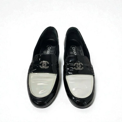 Chanel Loafers Leather Shoes Patent Black White Silver Here Mark Chain Flat