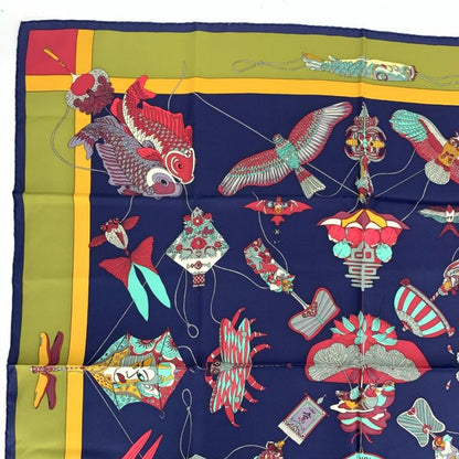 Hermes Carree 90 Soies Volantes Big Sky Silk Scarf 100% Silk Navy Khaki And