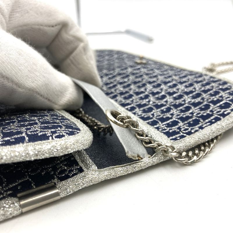 Christian DIOR Chain Shoulder Bag Lame Thread Canvas Navy Women