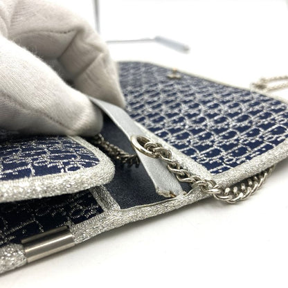 Christian DIOR Chain Shoulder Bag Lame Thread Canvas Navy Women