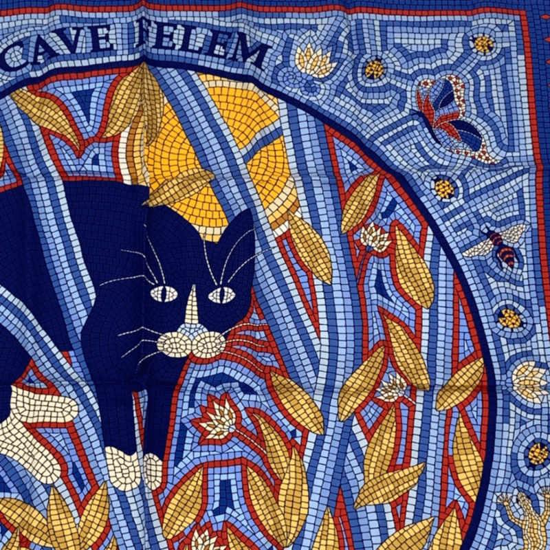 Hermes Carre 90 CAVE Felem Attention Cats Scarf 100% Silk Multicolor