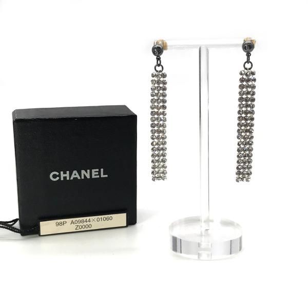 Chanel CC Logo Fringe Line Stone Earrings Black Silver