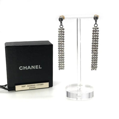 Chanel CC Logo Fringe Line Stone Earrings Black Silver