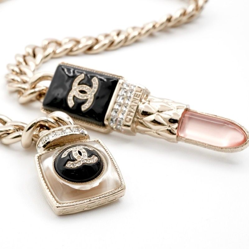 Chanel Necklace Pendant Choker Gold Black Pink Coco Mark Lip Rhinestone Chain