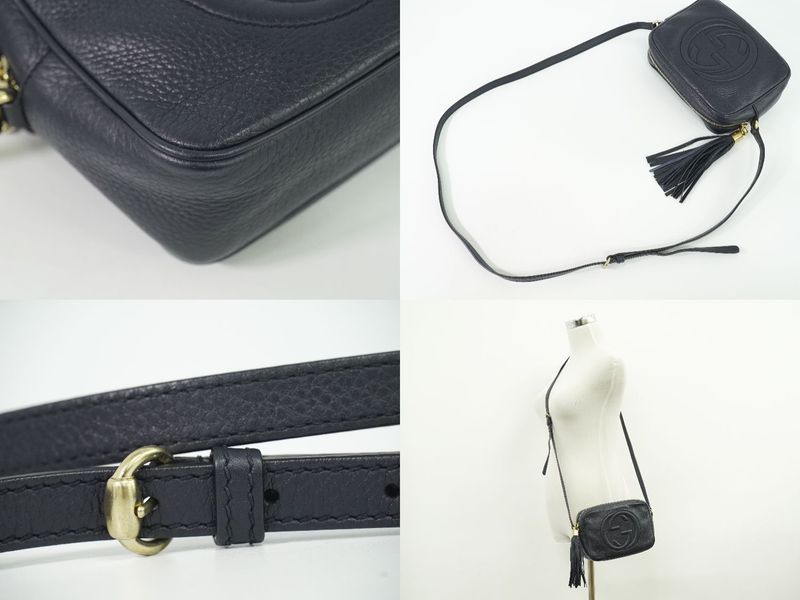 Authentic Gucci Soho Small Disco Tassel Shoulder Bag Pochette Leather Navy