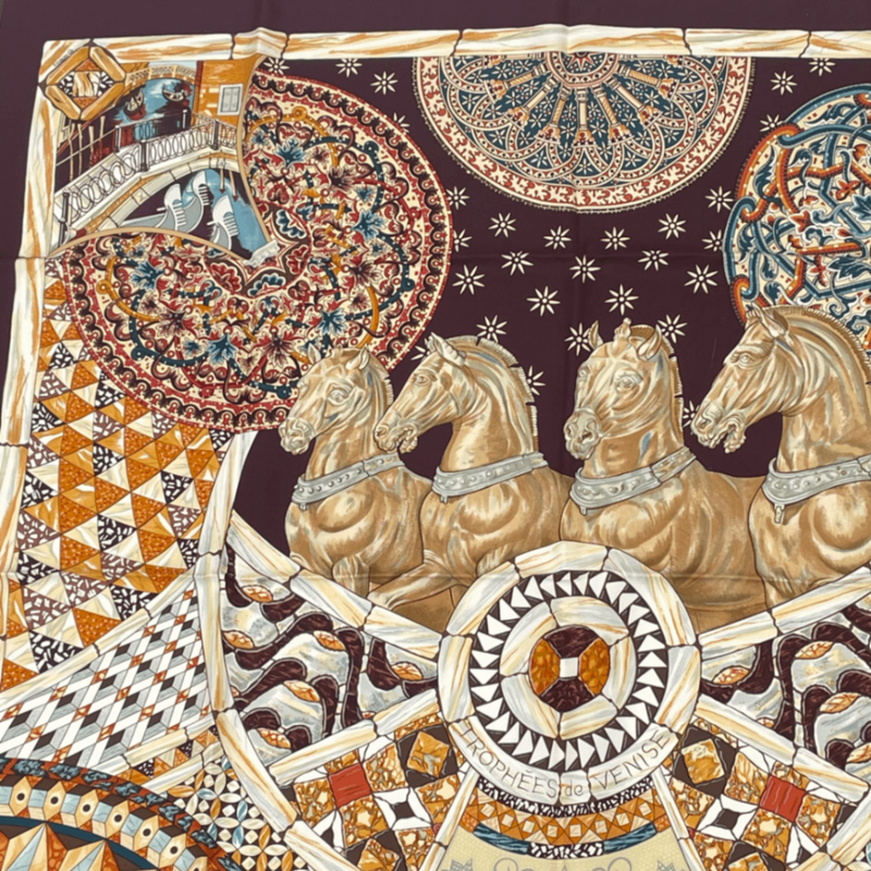 Hermes Carre 90 Victory Of Venice Trophees De Venise Scarf Silk Brown Horse