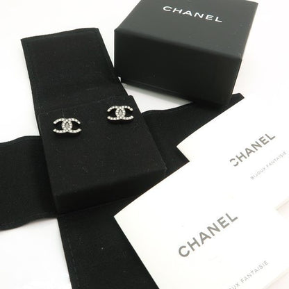 Chanel Coco Mark Earrings F19V Rhinestone Metal Gunmetal Box Included Chanel