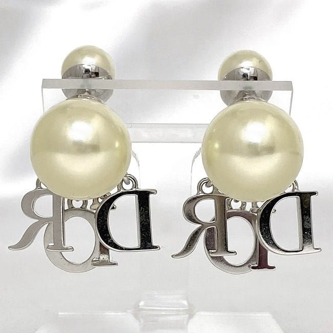 Christian Dior Logo Earrings Silver Pearl White Excellent Condition