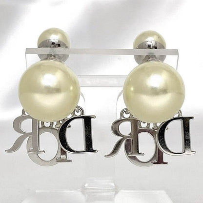 Christian Dior Logo Earrings Silver Pearl White Excellent Condition