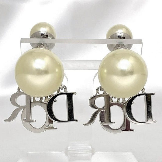 Christian Dior Logo Earrings Silver Pearl White Excellent Condition
