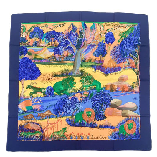 Hermes Carre 90 Nuba Mountain Nuba Mountain Navy Scarf 100% Silk