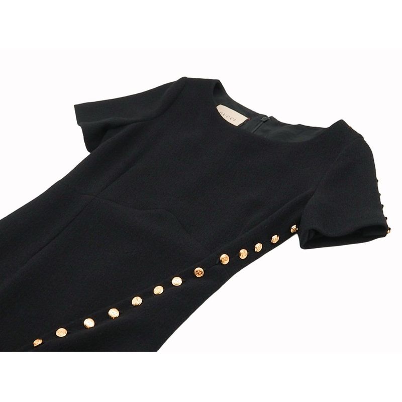 Gucci Wool Dress Short Sleeves Round Neck Slit Black Gold Tone GG Button #40