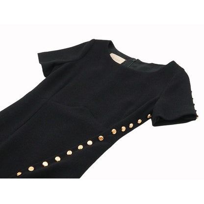 Gucci Wool Dress Short Sleeves Round Neck Slit Black Gold Tone GG Button #40