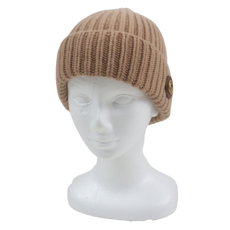 Gucci 764594 Double G Wool Cashmere Leather Use Cable Knit Hat Cap Beige M