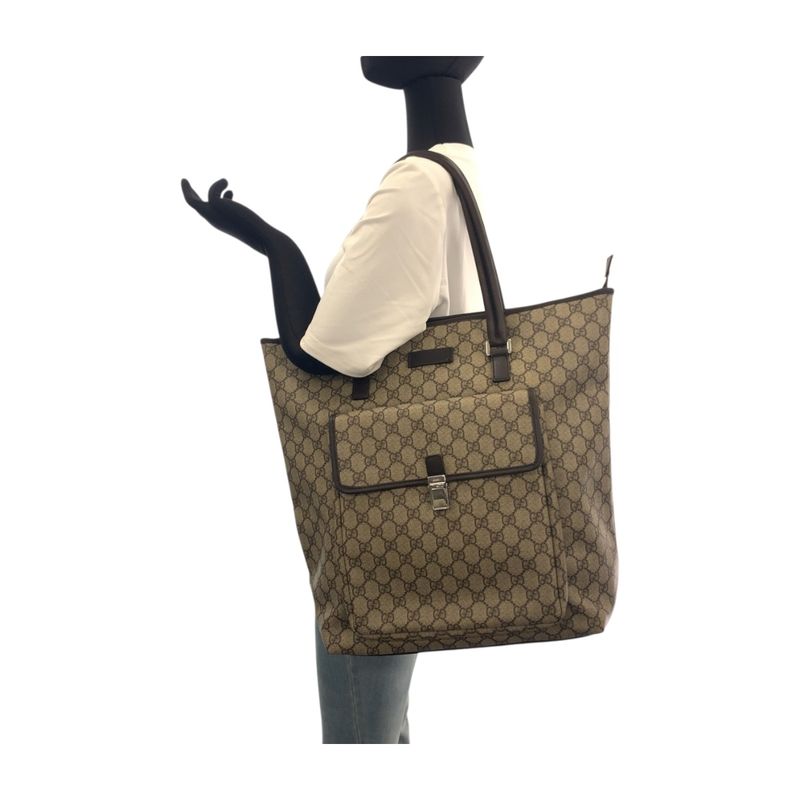 Gucci Beige Brown Silver Hardware GG Supreme Canvas 108832 Tote Bag Shoulder