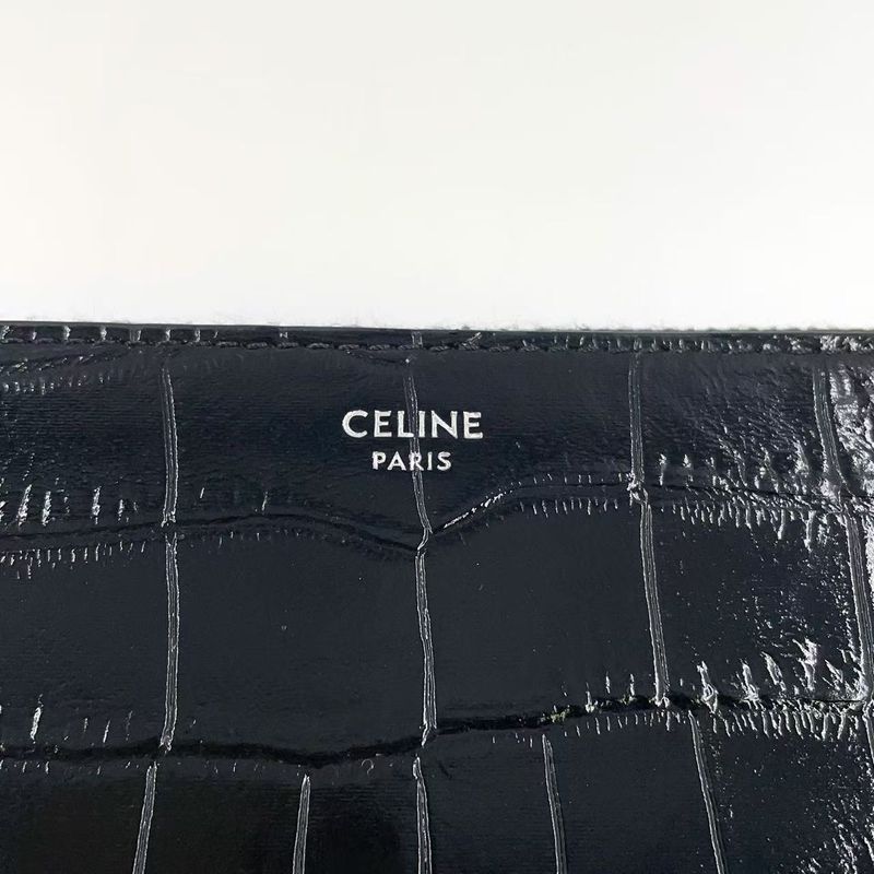 Celine Logo Leather Round Zip Leather Black Wallet Silver