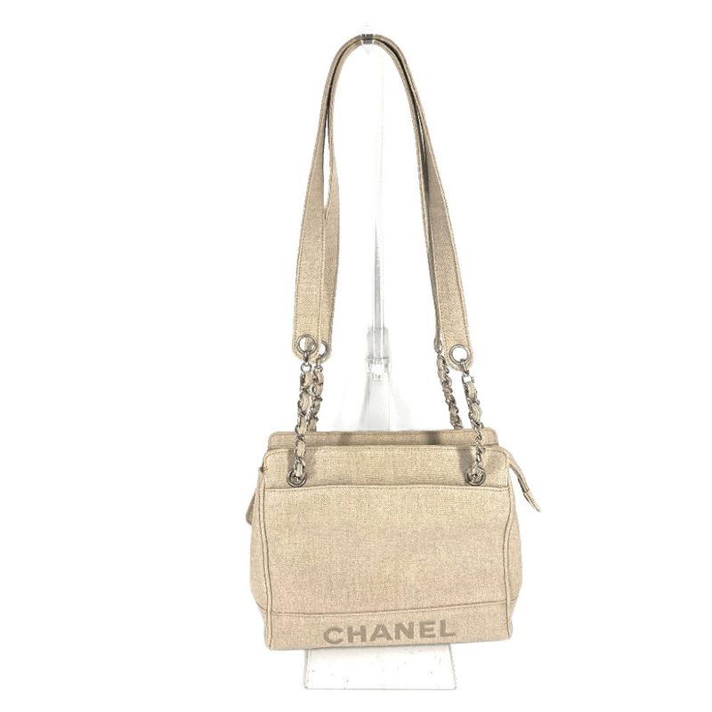 Chanel Shoulder Bag CC Coco Mark Canvas Beige