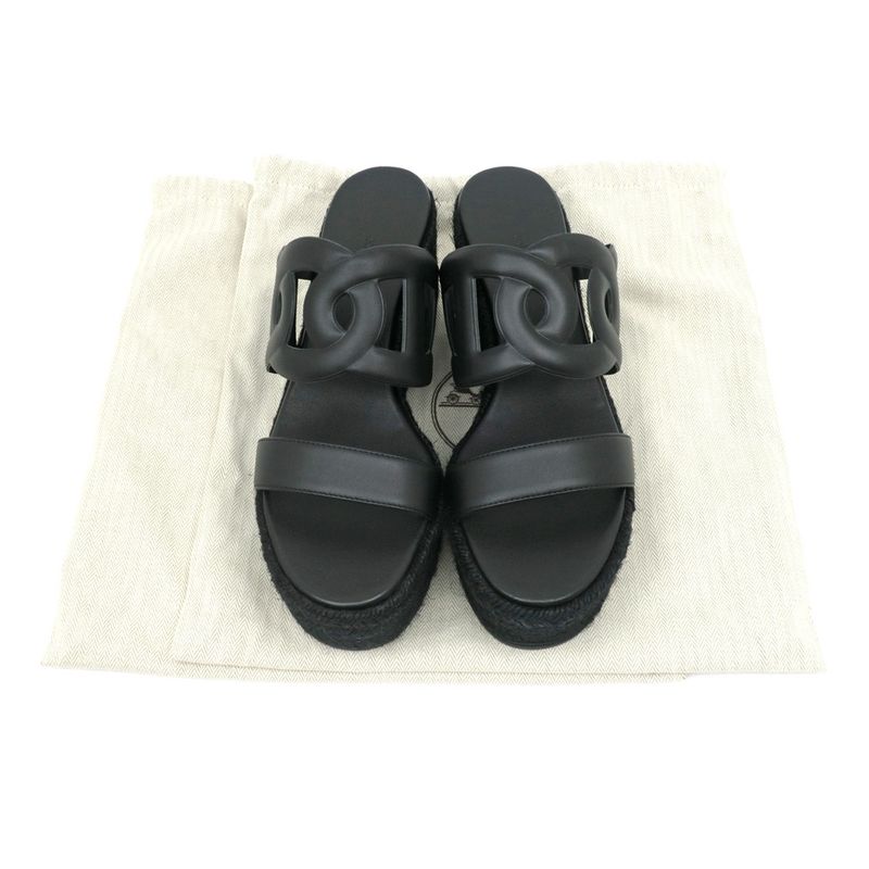 Hermes Espadrille Itea Sandals Rope Wedge Heel Black 38 Women's Shoes