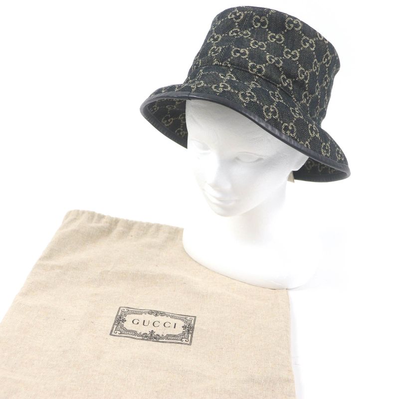 Gucci 576371 Cotton GG Logo Allover Leather Piping Denim Bucket Hat Black L