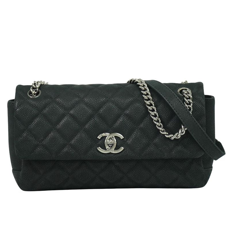 Authentic Chanel Matelasse Coco Mark Chain Shoulder Bag Pochette Soft Caviar