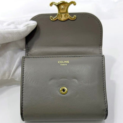 Celine Trifold Wallet Beige Triomphe Logo Leather Preowned