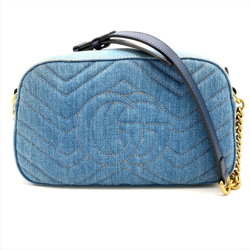 Gucci GG Marmont Quilted Shoulder Bag Denim 447632 Blue Faux Pearl Women