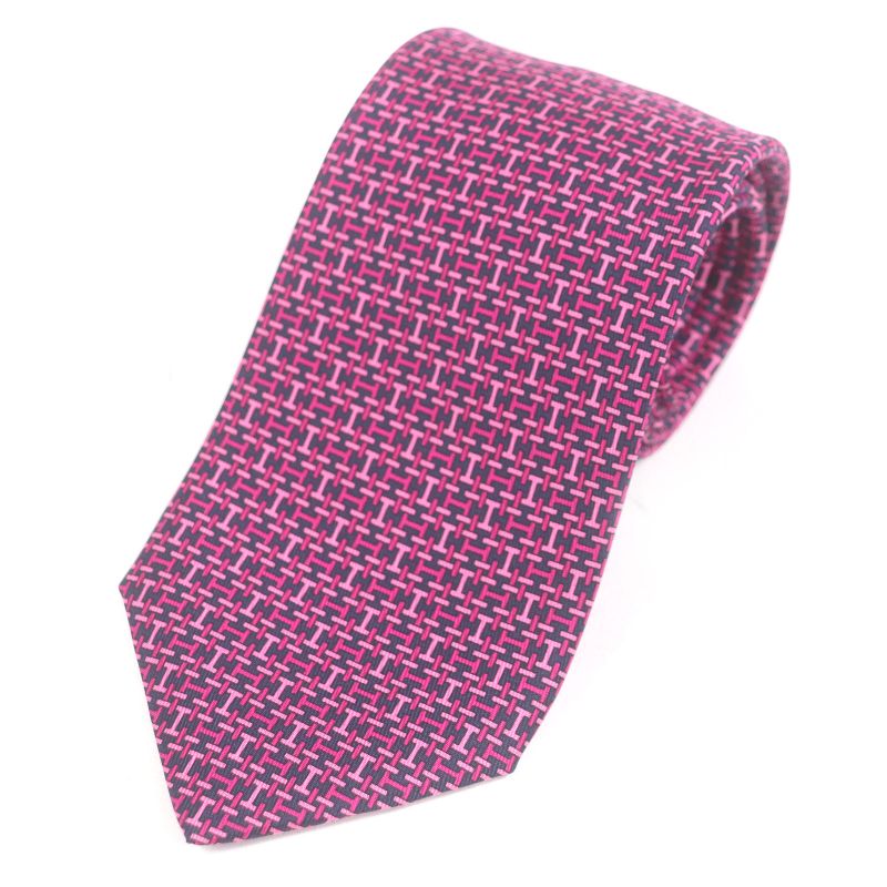 Hermes 5647 EA 100% Silk H Logo Motif Allover Pattern Regular Tie Navy Pink