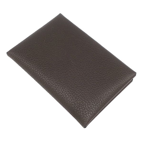 Hermes Card Case Calvi Duo Barenia Faubourg Ebène Silver Hardware Brown Gray