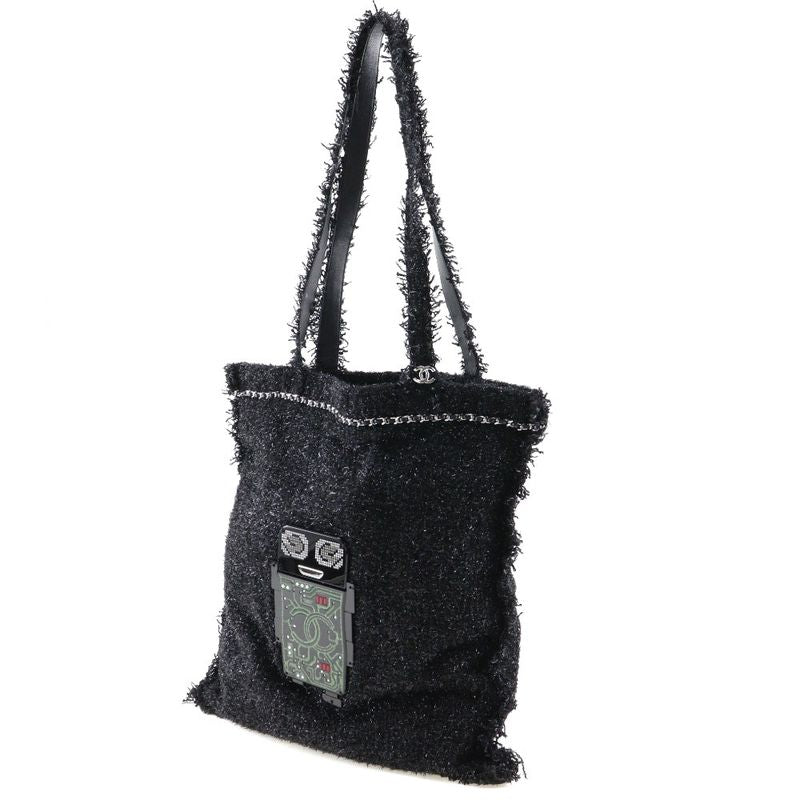 Chanel Coco Mark Robot A94646 Tweed Black/silver Hardware Unisex Tote Bag