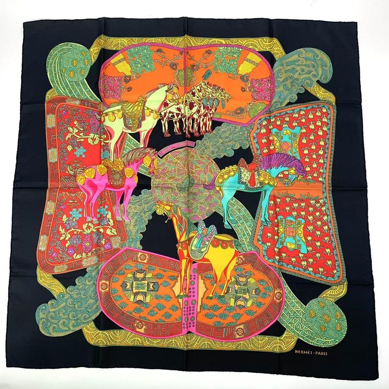 Hermes Carre 90 Artdessteppes Step Art Scarf Black Silk Black