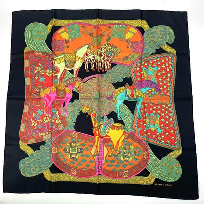Hermes Carre 90 Artdessteppes Step Art Scarf Black Silk Black